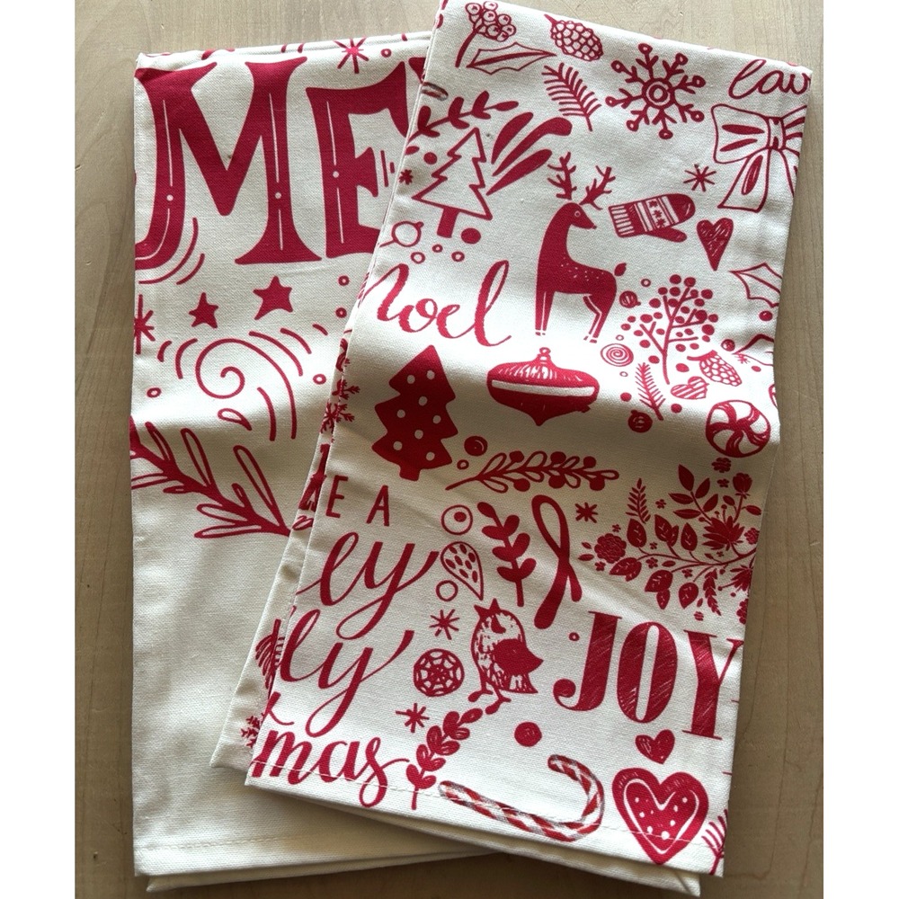 Michel Christmas Kitchen Towel LOT of 2 Red Be Merry Noel 100% Cotton Unused New